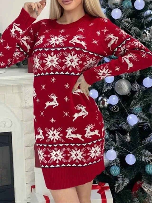 Women‘s Christmas Sweater Dress Jumper Dress Winter Dress Warm Geometric Print Deer Outdoor Christmas Casual Daily Crew Neck Long Sleeve 2023 Loose Fit Red S M L XL 1 Women‘s Christmas Sweater Dress Jumper Dress Winter Dress Warm Geometric Print Deer Outdoor Christmas Casual Daily Crew Neck Long Sleeve 2023 Loose Fit Red S M L XL