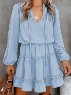 Women's Casual Dress Cotton Linen Dress Mini Dress Cotton Fashion Traditional / Vintage Outdoor Daily Vacation V Neck Ruched Ruffle Long Sleeve Fall Winter Autumn 2023 Loose Fit Black Red Blue Plain -Party Prom Dresses Sales Store eamdob1694573749681