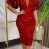 Women‘s Christmas Party Dress Sequin Dress Cocktail Dress Midi Dress Red Dark Green Short Sleeve Pure Color Sparkly Glitter Sequins Summer Spring Fall V Neck Fashion Wedding Guest Vacation Summer