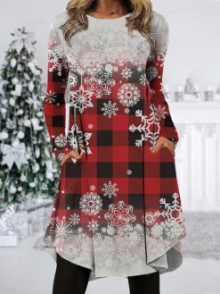 Women's Christmas Work Dress Casual Dress Fashion Winter DressDaily Midi Dress Pocket Print Crew Neck Long Sleeve Plaid Snowflake Regular Fit Wine Brown Green Fall Winter S M L XL XXL