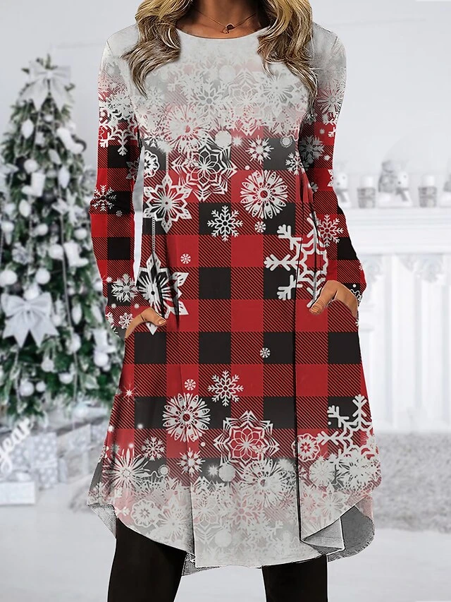 Women's Christmas Work Dress Casual Dress Fashion Winter DressDaily Midi Dress Pocket Print Crew Neck Long Sleeve Plaid Snowflake Regular Fit Wine Brown Green Fall Winter S M L XL XXL 1 Women's Christmas Work Dress Casual Dress Fashion Winter DressDaily Midi Dress Pocket Print Crew Neck Long Sleeve Plaid Snowflake Regular Fit Wine Brown Green Fall Winter S M L XL XXL