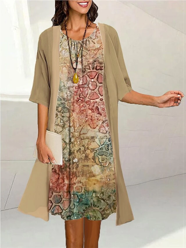 Women's Two Piece Dress Set Casual Dress Print Dress Outdoor Daily Fashion Elegant Print Midi Dress Crew Neck 3/4 Length Sleeve Floral Loose Fit Black Yellow Purple Summer Spring S M L XL XXL 2 Women's Two Piece Dress Set Casual Dress Print Dress Outdoor Daily Fashion Elegant Print Midi Dress Crew Neck 3/4 Length Sleeve Floral Loose Fit Black Yellow Purple Summer Spring S M L XL XXL - Image 2