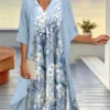 Women's Two Piece Dress Set Casual Dress Chiffon Dress Outdoor Daily Fashion Streetwear Knot Front Print Midi Dress V Neck 3/4 Length Sleeve Floral Regular Fit Pink Blue Purple Fall Winter S M L XL