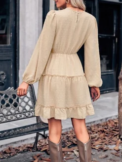 Women's Work Dress Casual Dress Fashion Winter Dress Daily Mini Dress Ruched Ruffle Crew Neck Long Sleeve Plain Loose Fit Brown Army Green Apricot Fall Winter S M L XL -Party Prom Dresses Sales Store ebikyk1695645256567