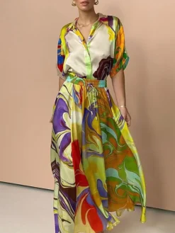 Women's Prom Dress Party Dress Satin Dress Long Dress Maxi Dress Green Long Sleeve Color Block Button Fall Winter Autumn Shirt Collar Fashion Vacation 2023 S M L XL XXL