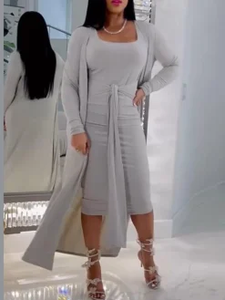 Women's Two Piece Dress Set Casual Dress Sheath Dress Outdoor Daily Fashion Streetwear Lace Up Ruched Midi Dress U Neck Long Sleeve Plain Slim Purple Gray Fall Winter S M L XL -Party Prom Dresses Sales Store ebpcjd1693902392944