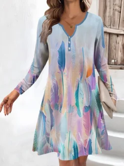 Women's Work Dress Casual Dress Fashion Winter Dress Daily Mini Dress Button Print V Neck Long Sleeve Floral Ombre Regular Fit Pink Blue Gray Fall Winter S M L XL XXL -Party Prom Dresses Sales Store ebswad1694670734077