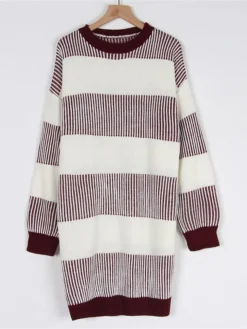 Women's Sweater Dress Winter Dress Jumper Dress Mini Dress Patchwork Outdoor Street Daily Fashion Streetwear Crew Neck Long Sleeve 2023 Loose Fit Wine Khaki Dark Blue Color S M L Size -Party Prom Dresses Sales Store ebzeny1692095291842