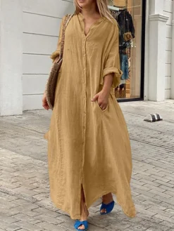 Women's Casual Dress Cotton Linen Dress Black Dress Maxi Long Dress Linen / Cotton Blend Fashion Daily Outdoor Daily Vacation Stand Collar Button Pocket Long Sleeve Fall Autumn 2023 Loose Fit Black -Party Prom Dresses Sales Store eccamz1692947492078