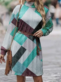 Women's Sweater Dress Jumper Dress Casual Dress Mini Dress Warm Plaid Outdoor Daily Vacation Going Out Turtleneck Long Sleeve 2023 Loose Fit Blue Orange Green S M L XL XXL 3XL -Party Prom Dresses Sales Store ecemgi1696670237439