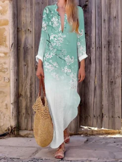 Women's Casual Dress Cotton Linen Dress Maxi Long Dress Polyester Fashion Casual Daily Outdoor Daily Vacation Split Neck Split Print Long Sleeve Summer Spring Fall 2023 Loose Fit White Pink Navy Blue