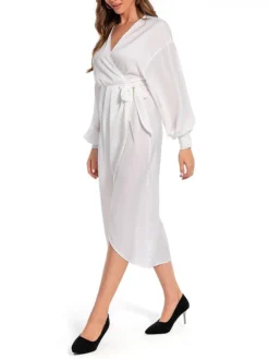 Women's Work Dress Satin Dress White Dress Fashion Midi Dress Lace Up V Neck Long Sleeve Plain Loose Fit White Fall Winter S M L XL XXL -Party Prom Dresses Sales Store ecqtkd1693467041531