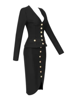 Women's Work Dress Sheath Dress Black Dress Fashion Midi Dress Button Split V Neck Long Sleeve Plain Regular Fit Black Summer Spring S M L XL -Party Prom Dresses Sales Store edbvej1688449068019