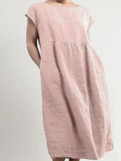 Women's Cotton Linen Dress A Line Dress Maxi Long Dress Cotton Blend Basic Casual Daily Vacation Crew Neck Patchwork Pocket Short Sleeve Summer Spring Linen Loose Fit Black White Pink Pure Color S M -Party Prom Dresses Sales Store eddtlv1605666956661