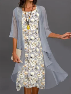 Women's Two Piece Dress Set Casual Dress Chiffon Dress Outdoor Daily Fashion Streetwear Print Midi Dress Crew Neck Half Sleeve Floral Regular Fit Gray Fall Winter S M L XL XXL