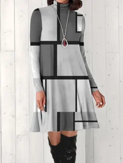 Women's Work Dress Casual Dress Fashion Winter Dress Daily Mini Dress Print Turtleneck Long Sleeve Geometric Plaid Regular Fit Pink Blue Gray Fall Winter S M L XL XXL -Party Prom Dresses Sales Store edytkm1694426129801