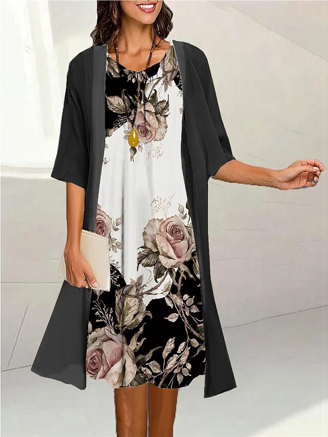 Women's Two Piece Dress Set Casual Dress Print Dress Outdoor Daily Fashion Elegant Print Midi Dress Crew Neck 3/4 Length Sleeve Floral Loose Fit Black Yellow Purple Summer Spring S M L XL XXL 1 Women's Two Piece Dress Set Casual Dress Print Dress Outdoor Daily Fashion Elegant Print Midi Dress Crew Neck 3/4 Length Sleeve Floral Loose Fit Black Yellow Purple Summer Spring S M L XL XXL