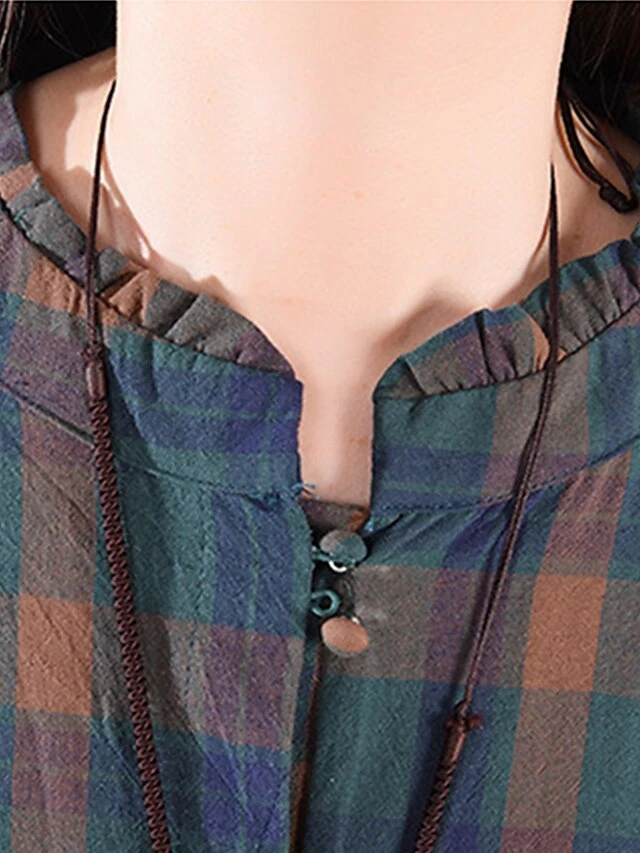 Women's Casual Dress Cotton Linen Dress Plaid Dress Midi Dress Linen / Cotton Blend Fashion Basic Outdoor Daily Holiday Stand Collar Pocket Print Long Sleeve Fall Winter Autumn 2023 Loose Fit Yellow 9 Women's Casual Dress Cotton Linen Dress Plaid Dress Midi Dress Linen / Cotton Blend Fashion Basic Outdoor Daily Holiday Stand Collar Pocket Print Long Sleeve Fall Winter Autumn 2023 Loose Fit Yellow - Image 9