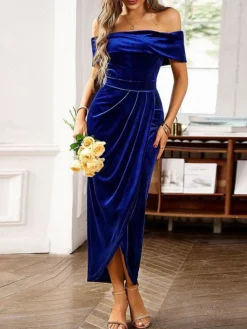 Women's Prom Dress Party Dress Velvet Dress Long Dress Maxi Dress Black Wine Blue Short Sleeve Pure Color Pleated Spring Fall Winter Off Shoulder Fashion Winter Dress Office Evening Party 2023 S M L -Party Prom Dresses Sales Store eeknaz1694586257575