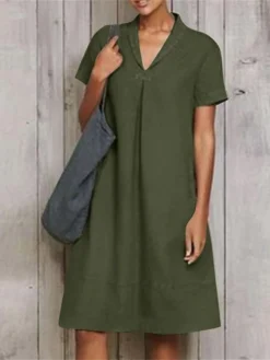 Women's Casual Dress Cotton Linen Dress A Line Dress Midi Dress Linen Cotton Blend Fashion Modern Outdoor Daily Vacation V Neck Ruched Short Sleeve Summer Spring 2023 Loose Fit ArmyGreen Wine Sky Blue -Party Prom Dresses Sales Store eevcrg1678262786936