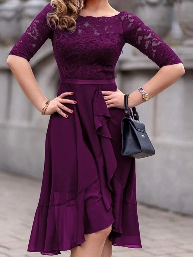 Women's Party Dress Lace Dress Wedding Guest Dress Midi Dress Pink Blue Fuchsia 3/4 Length Sleeve Pure Color Lace Summer Spring Fall Off Shoulder Fashion Birthday Wedding Guest Vacation 2023 S M L XL 6 Women's Party Dress Lace Dress Wedding Guest Dress Midi Dress Pink Blue Fuchsia 3/4 Length Sleeve Pure Color Lace Summer Spring Fall Off Shoulder Fashion Birthday Wedding Guest Vacation 2023 S M L XL - Image 6