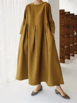 Women's Cotton Linen Dress Casual Dress Swing Dress Maxi Long Dress Cotton Blend Basic Classic Outdoor Daily Crew Neck Pocket Smocked Long Sleeve Summer Spring Fall 2023 Loose Fit Black Yellow Green -Party Prom Dresses Sales Store efilwm1673850087636