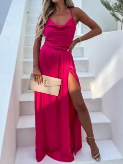 Women's Prom Dress Party Dress Satin Dress Pink Dress Long Dress Maxi Dress Fuchsia Khaki Sleeveless Pure Color Backless Summer Spring Fall Spaghetti Strap Fashion Birthday Evening Wedding Guest 2023