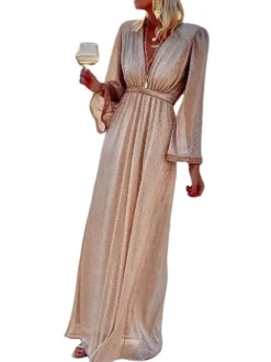 Women's Party Dress Sequin Dress Holiday Dress Long Dress Maxi Dress Beige Long Sleeve Pure Color Shimmer Spring Fall Winter V Neck Fashion Party Winter Dress Birthday Slim 2023 S M L XL 2XL 3XL -Party Prom Dresses Sales Store egfhkz1664429662713