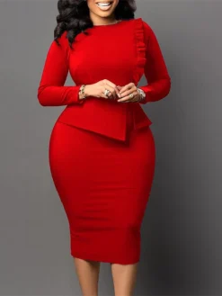 Women's Work Dress Sheath Dress Black Dress Fashion Midi Dress Ruched Split Crew Neck Long Sleeve Plain Regular Fit Black White Red Fall Winter S M L XL XXL -Party Prom Dresses Sales Store eghrnu1693206406236