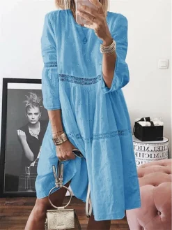 Women's Casual Dress Cotton Linen Dress Swing Dress Midi Dress Cotton Blend Basic Classic Outdoor Daily Weekend Crew Neck Eyelet 3/4 Length Sleeve Summer Spring Fall 2023 Loose Fit White Yellow Blue -Party Prom Dresses Sales Store ehcoii1688457198804