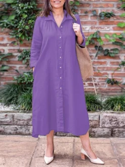 Women's Shirt Dress Casual Dress Cotton Linen Dress Midi Dress Linen / Cotton Blend Basic Classic Outdoor Daily Vacation Shirt Collar Button Pocket Long Sleeve Spring Fall Autumn 2023 Loose Fit Black -Party Prom Dresses Sales Store ehfmla1692084362934
