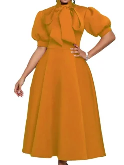 Women‘s Prom Cocktail Party Dress Wedding Guest Dress Swing Dress Long Dress Maxi Dress Purple Yellow Red Half Sleeve Pure Color Bow Spring Summer Stand Collar 2023 S M L XL XXL 3XL -Party Prom Dresses Sales Store ehqjzz1657546779796