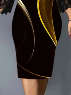 Women's Plus Size Party Dress Cocktail Dress Bodycon Midi Dress Black 3/4 Length Sleeve Striped Lace Spring Fall Winter Crew Neck Fashion Wedding Guest Vacation 2023 L XL XXL 3XL 4XL 5XL -Party Prom Dresses Sales Store ehsmhj1696927254856