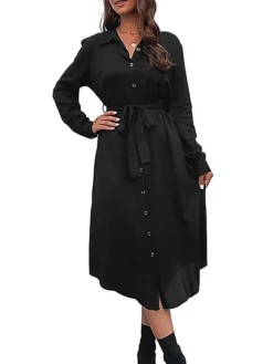 Women's Work Dress Casual Dress Black Dress Fashion Office Daily Workfashion Midi Dress Lace Up Button Shirt Collar Long Sleeve Plain Loose Fit Black Fall Winter S M L XL -Party Prom Dresses Sales Store eiqock1695105093435