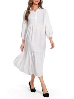 Women's Work Dress Satin Dress Swing Dress Fashion Midi Dress Ruffle Button Shirt Collar Long Sleeve Plain Loose Fit White Fall Winter S M L XL XXL -Party Prom Dresses Sales Store eiwnbd1693466153030