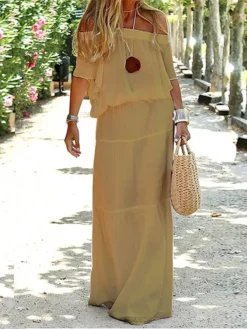 Women's Casual Dress Holiday Dress Shift Dress Long Dress Maxi Dress Khaki Red White Short Sleeve Pure Color Ruffle Spring Summer Off Shoulder Fashion Vacation Weekend Loose Fit 2023 S M L XL XXL 3XL -Party Prom Dresses Sales Store ejtfnq1651826283863