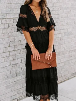 Women's Party Dress Lace Dress White Dress Midi Dress Black Pink White Half Sleeve Pure Color Lace Spring Summer V Neck S M L XL XXL -Party Prom Dresses Sales Store ejxstt1630555188107