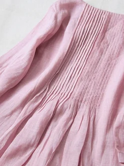 Women's Casual Dress Cotton Linen Dress Swing Dress Midi Dress Cotton Blend Basic Casual Outdoor Daily Crew Neck Ruched Pocket Short Sleeve Summer Spring 2023 Loose Fit White Pink Purple Plain M L XL -Party Prom Dresses Sales Store ekgmpp1676278283203