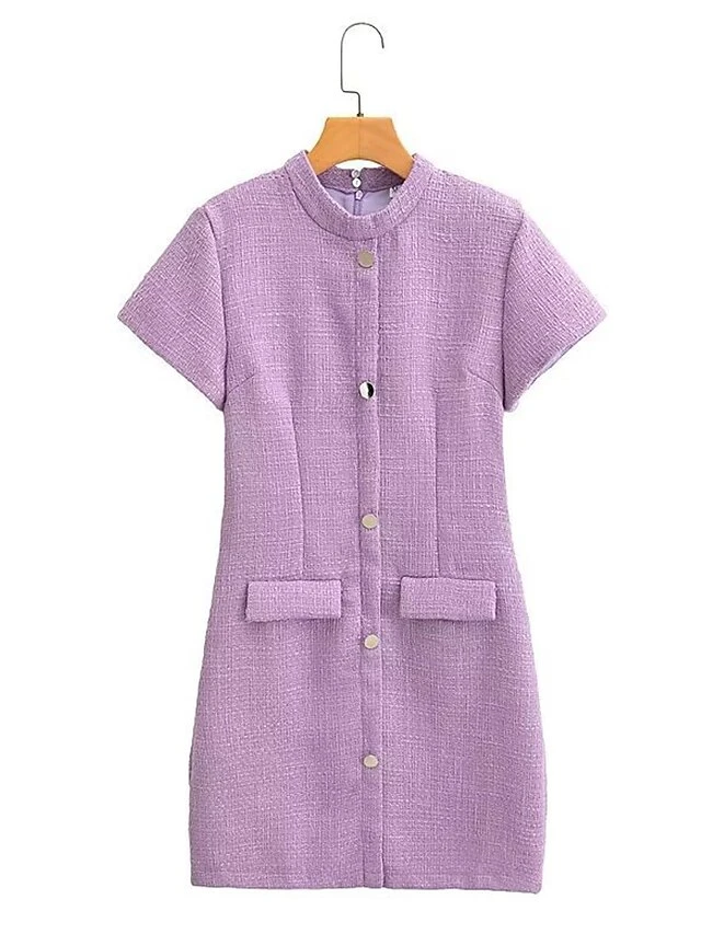 Women's Work Dress Casual Dress Sheath Dress Fashion Office Daily Mini Dress Patchwork Button Stand Collar Short Sleeve Plain Regular Fit Purple Fall Winter S M L 2 Women's Work Dress Casual Dress Sheath Dress Fashion Office Daily Mini Dress Patchwork Button Stand Collar Short Sleeve Plain Regular Fit Purple Fall Winter S M L - Image 2