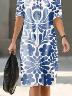 Women's Shirt Dress Casual Dress Cotton Linen Dress Midi Dress Polyester Fashion Casual Daily Outdoor Daily Vacation Crew Neck Button Print 3/4 Length Sleeve Summer Spring Fall 2023 Loose Fit Blue -Party Prom Dresses Sales Store ekrjlk1692266800693