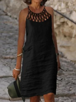 Women's Casual Dress Cotton Linen Dress Shift Dress Mini Dress Cotton Blend Modern Casual Outdoor Daily Vacation Halter Ruched Hollow Out Sleeveless Summer Spring 2023 Regular Fit Black White Blue -Party Prom Dresses Sales Store ekxiqm1680261159330