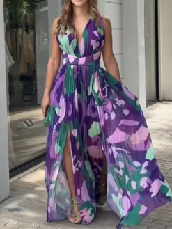 Women's Prom Dress Party Dress Swing Dress Long Dress Maxi Dress Purple Sleeveless Color Block Pleated Spring Fall Winter V Neck Fashion Wedding Guest Birthday Evening Party 2023 S M L XL -Party Prom Dresses Sales Store ekybsr1695205490777
