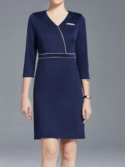 Women's Work Dress Sheath Dress Semi Formal Dress Fashion Office Daily Workfashion Mini Dress Patchwork Zipper V Neck 3/4 Length Sleeve Plain Regular Fit Navy Blue Fall Winter S M L XL XXL -Party Prom Dresses Sales Store elddnz1695030988475