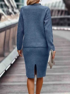 Women's Two Piece Dress Set Casual Dress Skirt Set Outdoor Daily Fashion Streetwear Ribbed Midi Dress Turtleneck Long Sleeve Plain Loose Fit Black Wine Dark Pink Fall Winter S M L XL XXL -Party Prom Dresses Sales Store elsqbp1693214130540