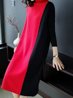 Women's Work Dress Casual Dress Shift Dress Fashion Winter Dress Daily Midi Dress Patchwork Stand Collar Long Sleeve Color Block Regular Fit Black Red Fall Winter M L XL XXL 3XL -Party Prom Dresses Sales Store elwwxi1697099110589