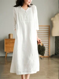 Women's Work Dress Sheath Dress Semi Formal Dress Fashion Midi Dress Button V Neck Half Sleeve Plain Loose Fit White Blue Orange Fall Winter L XL XXL 3XL -Party Prom Dresses Sales Store emaksw1692601430685