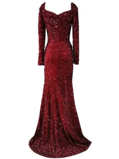Women's Prom Dress Party Dress Sequin Dress Long Dress Maxi Dress Wine Long Sleeve Pure Color Sequins Spring Fall Winter Square Neck Party Party Winter Dress Wedding Guest 2023 S M L XL XXL -Party Prom Dresses Sales Store emixwa1676013317989