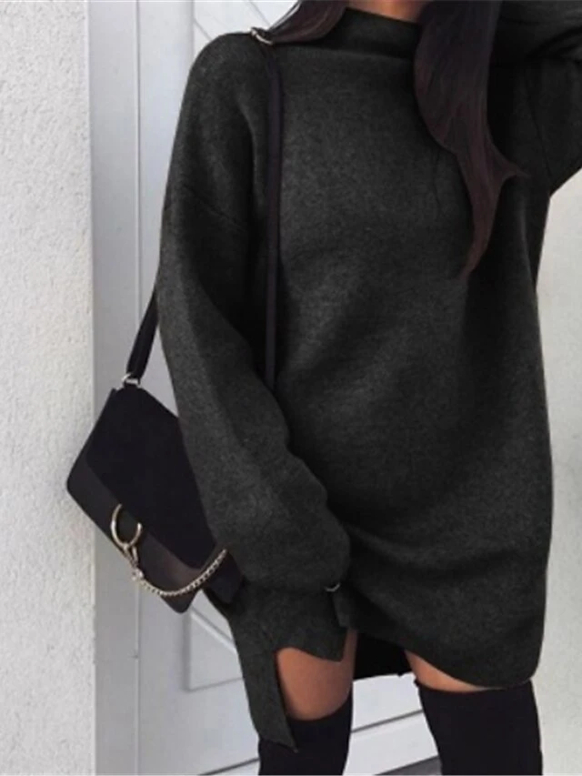 Women‘s Sweater Dress Winter Dress Shift Dress Brown Gray Black Long Sleeve Pure Color Split Winter Fall Turtleneck Basic Casual Fit S M L XL 2 Women‘s Sweater Dress Winter Dress Shift Dress Brown Gray Black Long Sleeve Pure Color Split Winter Fall Turtleneck Basic Casual Fit S M L XL - Image 2