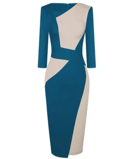 Women's Work Dress Sheath Dress Semi Formal Dress Fashion Midi Dress Patchwork V Neck 3/4 Length Sleeve Color Block Regular Fit Black Red Navy Blue Fall Winter S M L XL XXL -Party Prom Dresses Sales Store emzgtd1692610637069
