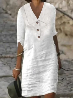 Women's Cotton Linen Dress Casual Dress Shift Dress Midi Dress Cotton Blend Fashion Modern Outdoor Daily Vacation Shirt Collar Button Half Sleeve Summer Spring 2023 Regular Fit White Blue Green Plain